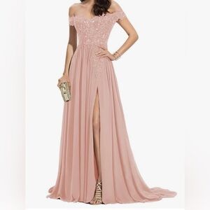 Elegant Pink Off-Shoulder Evening Gown